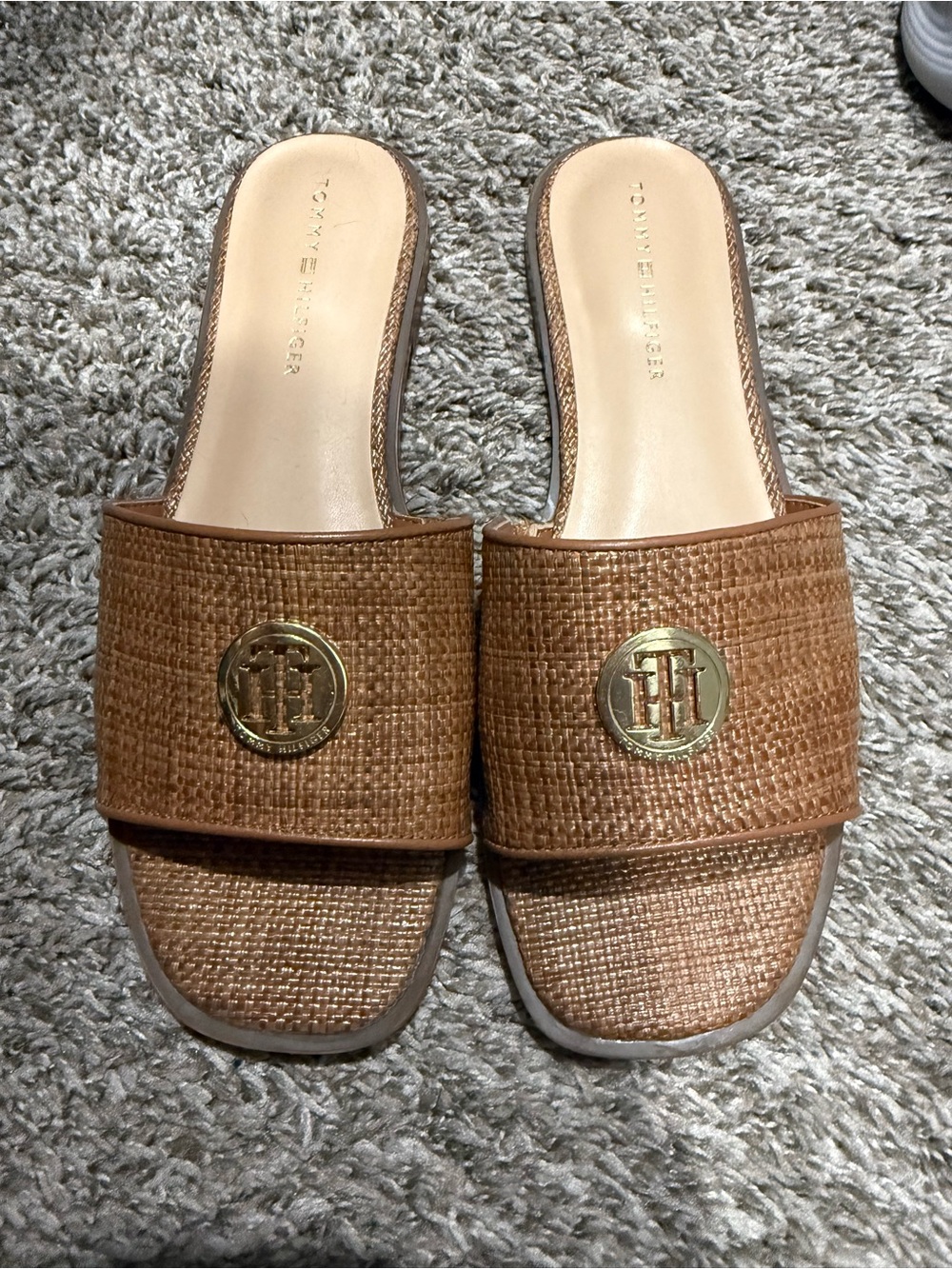 Tommy Hilfiger Brown Woven Slide Sandals with Gold Logo Medallion
